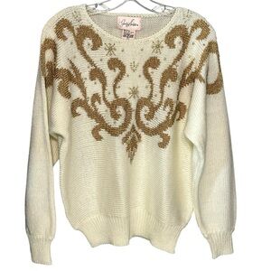Jaclyn Smith Vintage 90’s Gold Beaded Snowflake Sweater Kitscy Holiday Knit